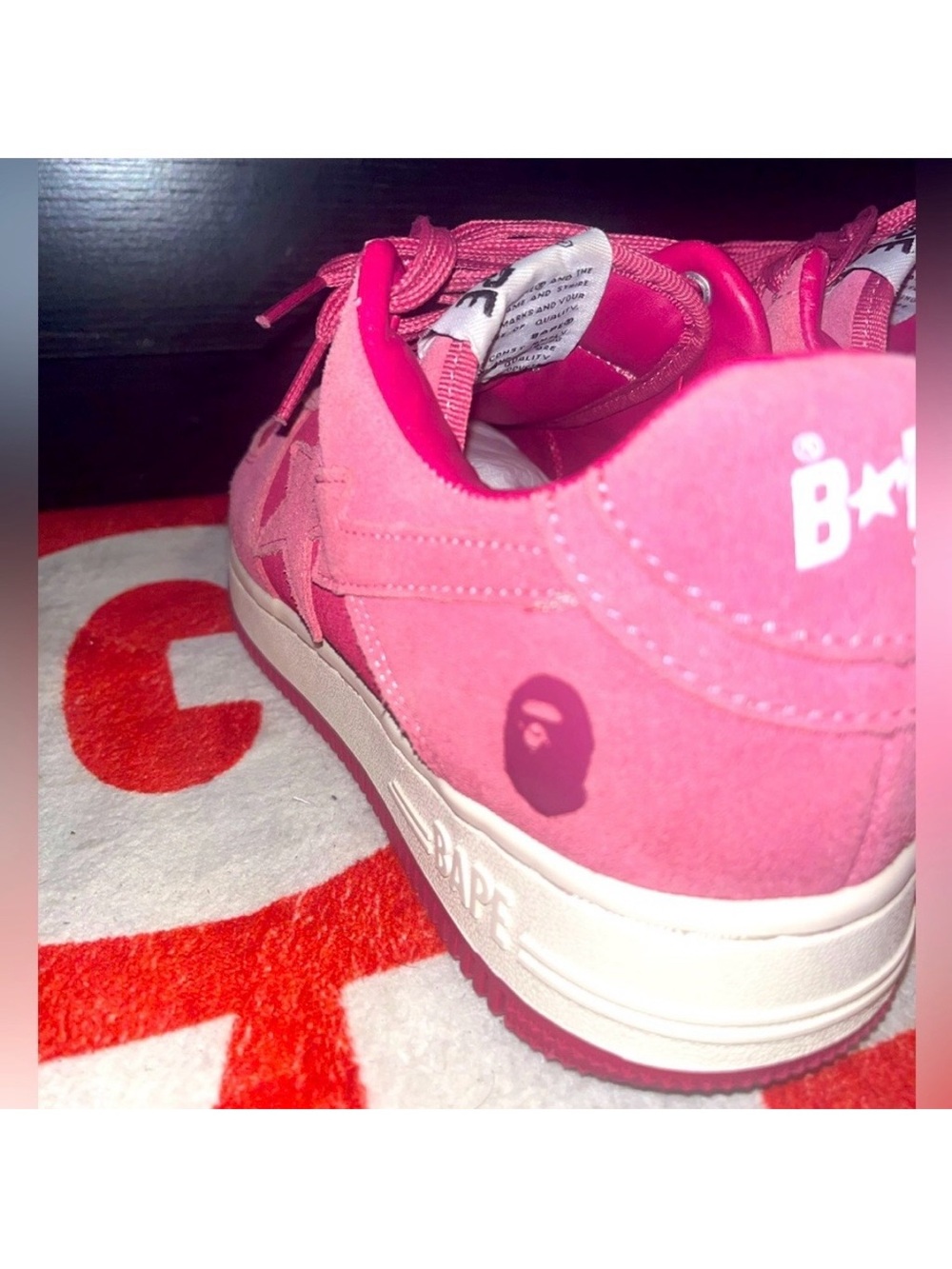 A Bathing Ape Bapesta Low M1 Pink Suede BAPE Sneakers Coral Bapestas Size 8.5 - Picture 6 of 8